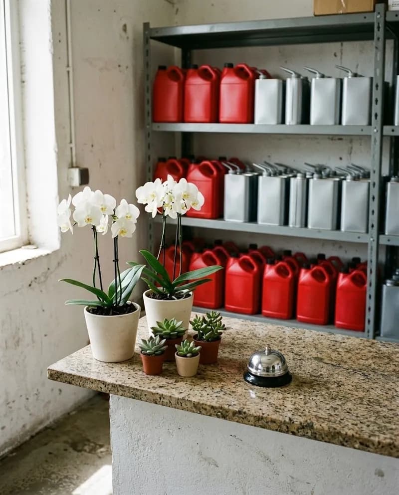 Um balcão de recepção com orquídeas, uma campainha e prateleiras de óleo