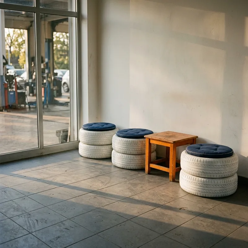 Bancos feitos de pneus pintados de branco com almofadas azul-marinho numa sala de espera
